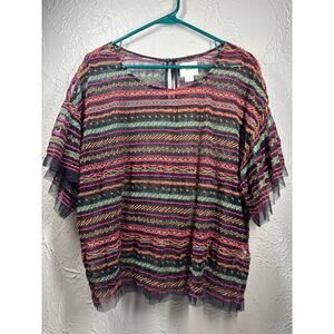 Anthropologie Maeve Naples Embroidered Mesh Top Shirt Sheer‎ Womens Size XL